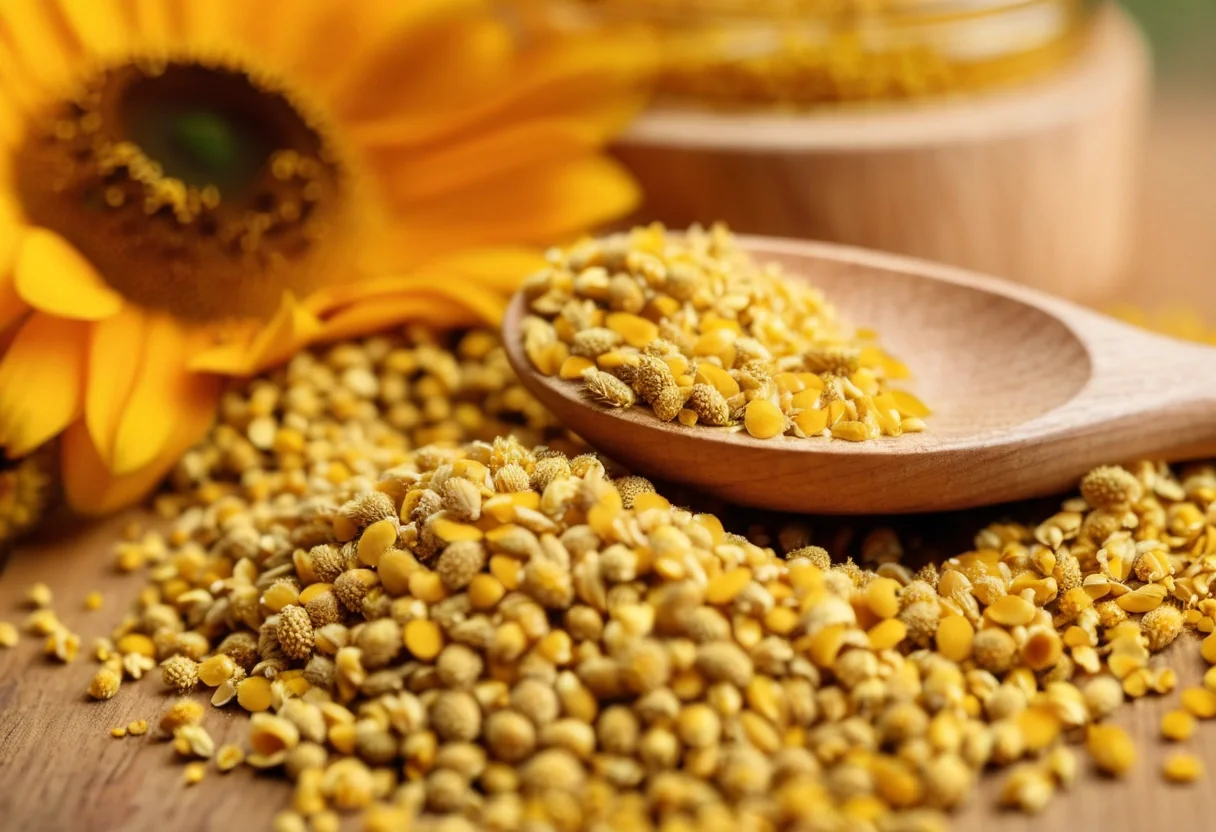 Golden bee pollen granules in a wooden spoon for natural energy and nutrient density
