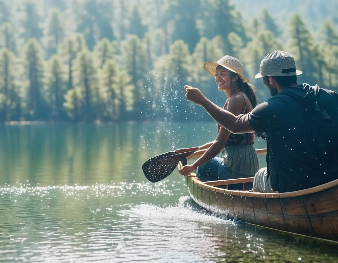 Couple enjoying active outdoor canoeing on calm mountain lake surrounded by trees