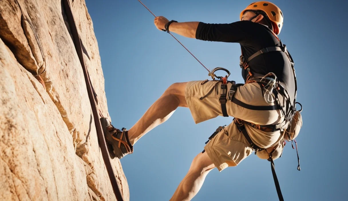 Outdoor rock climber scaling scenic natural cliff face with safety harness