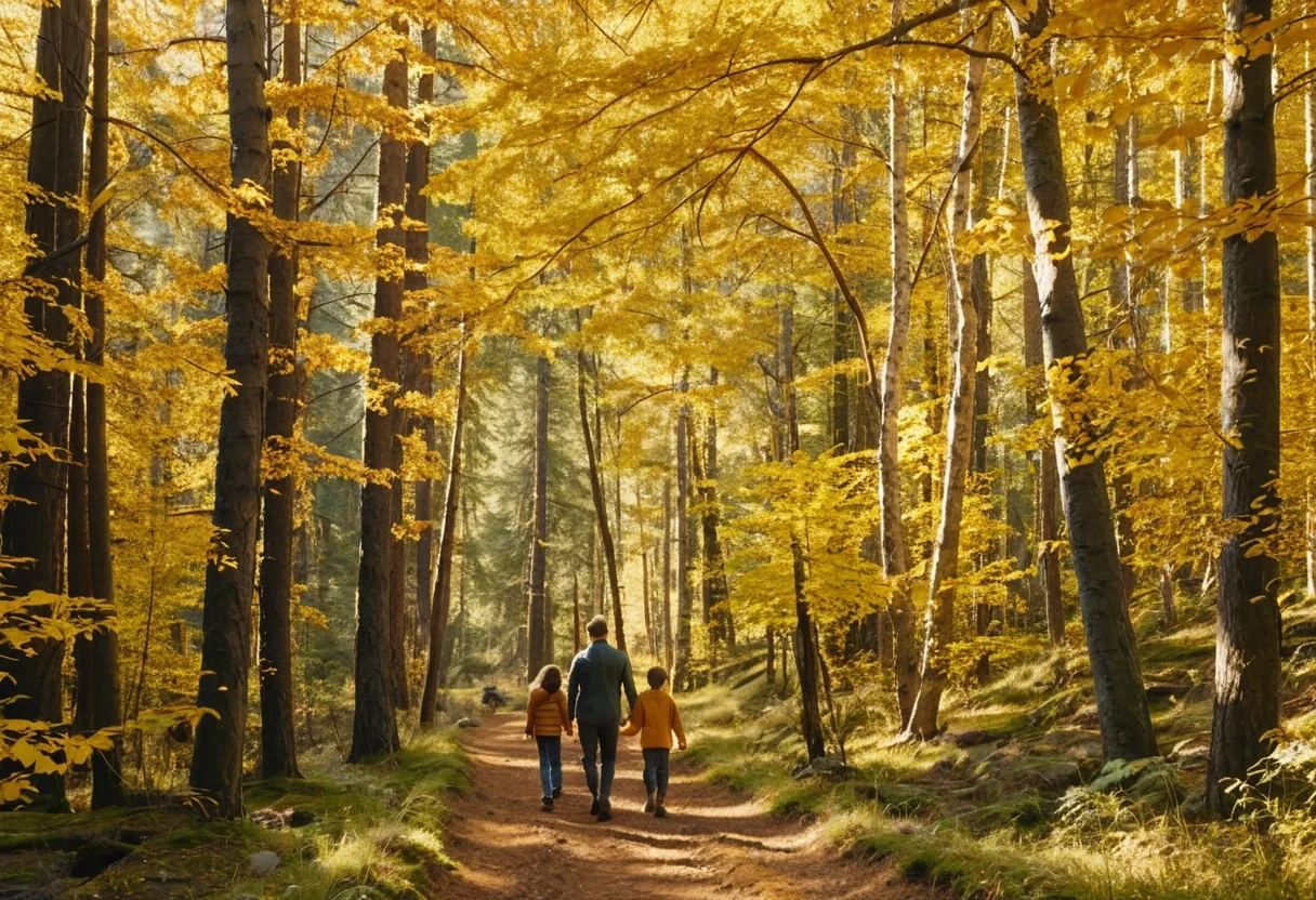 Peaceful family walk on scenic autumn woodland path for gentle joint-friendly cardio