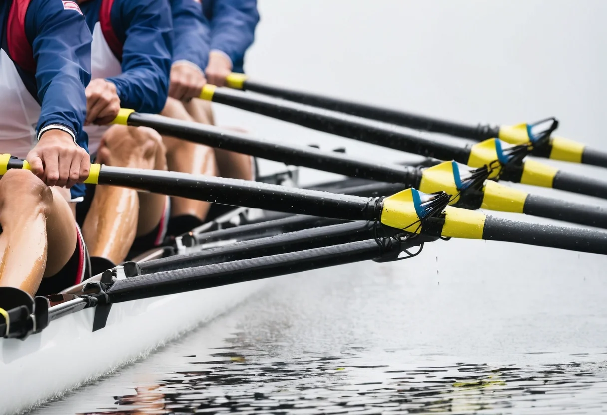 Athletic rowing team gliding across calm lake in racing shell with synchronized oars