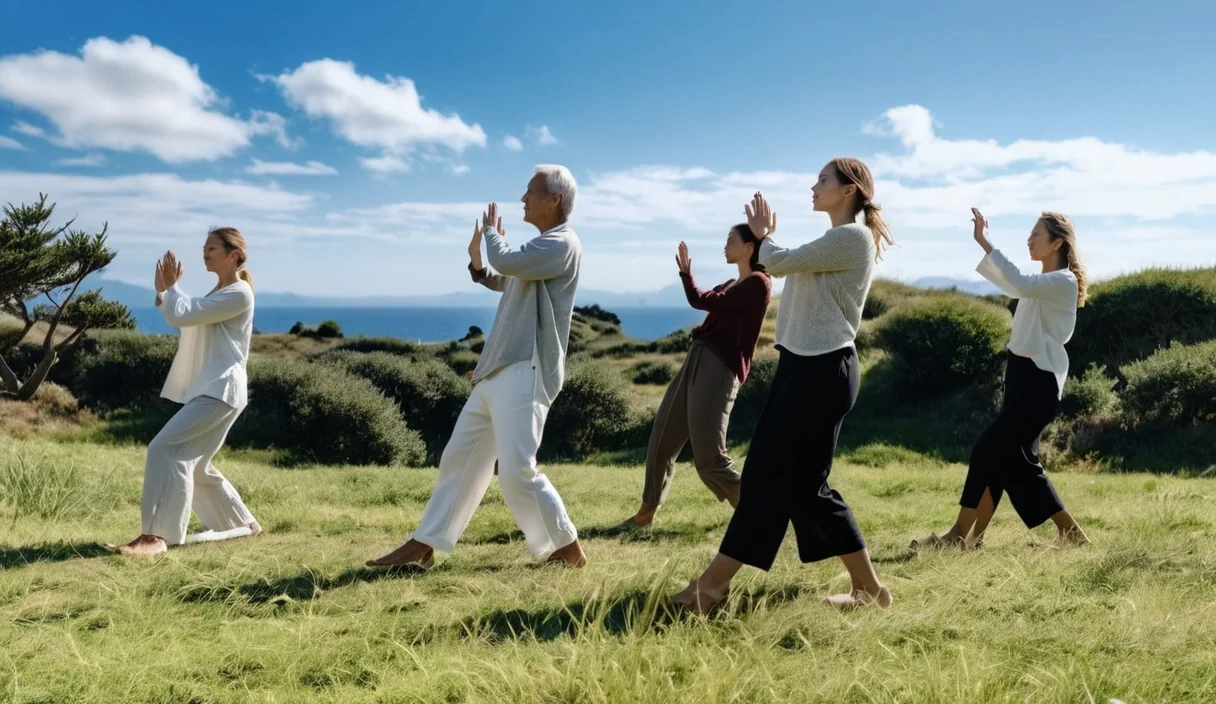 Group practicing graceful flowing Tai Chi martial arts on scenic grassy hilltop