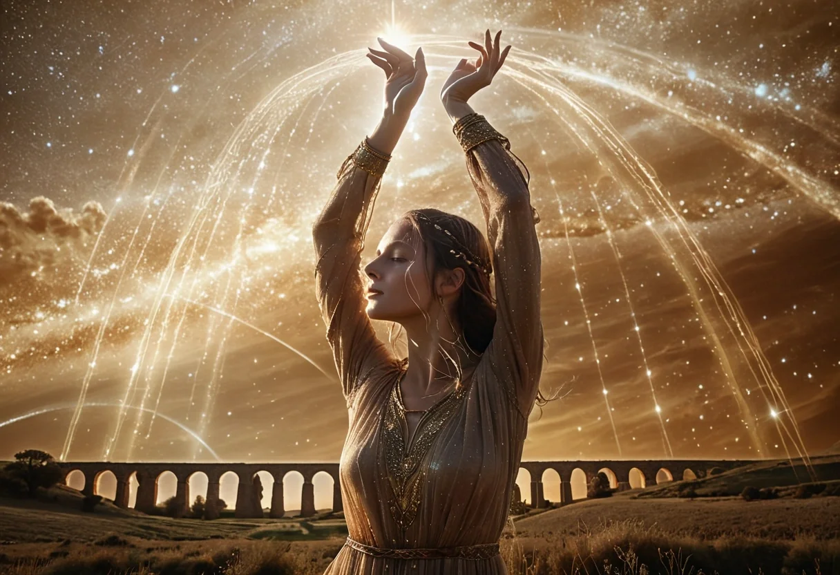 Woman raising hands to starlit sky channeling celestial energy in open landscape