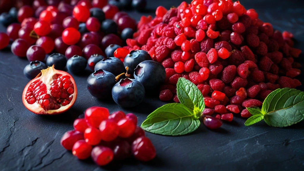 Array of antioxidant-rich superfoods including goji berries, blueberries, and pomegranate seeds on dark slate