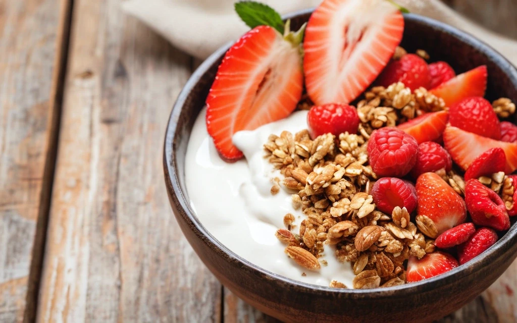 Healthy breakfast bowl with Greek yogurt, toasted granola, fresh strawberries and dried goji berries