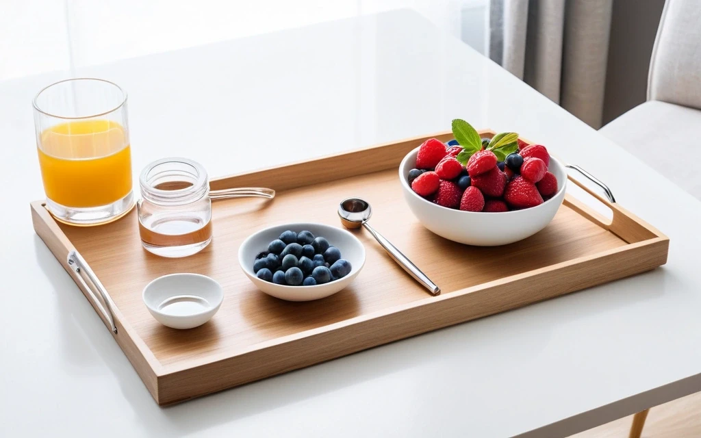 Healthy breakfast tray with fresh berries and wellness elements symbolizing glycemic control