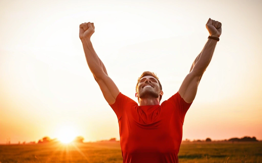 Athletic person celebrating with raised arms at sunrise feeling energized and vital