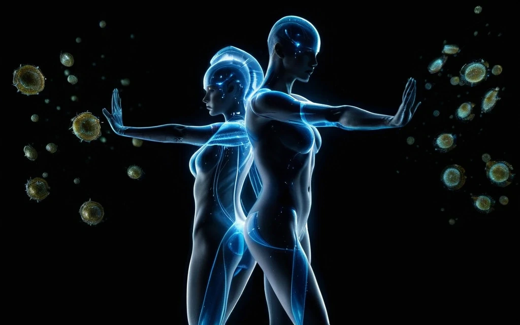 Conceptual glowing human figures raising hands to form an immune defense shield against viruses