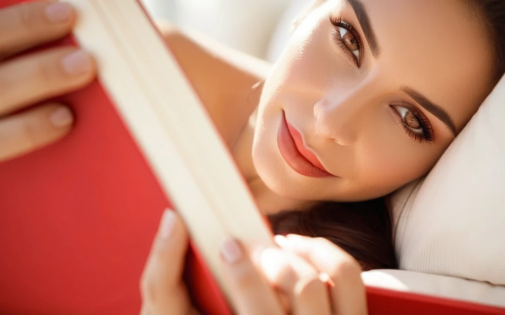 Woman with expressive hazel eyes relaxing on pillows in sunlit bedroom reading a book