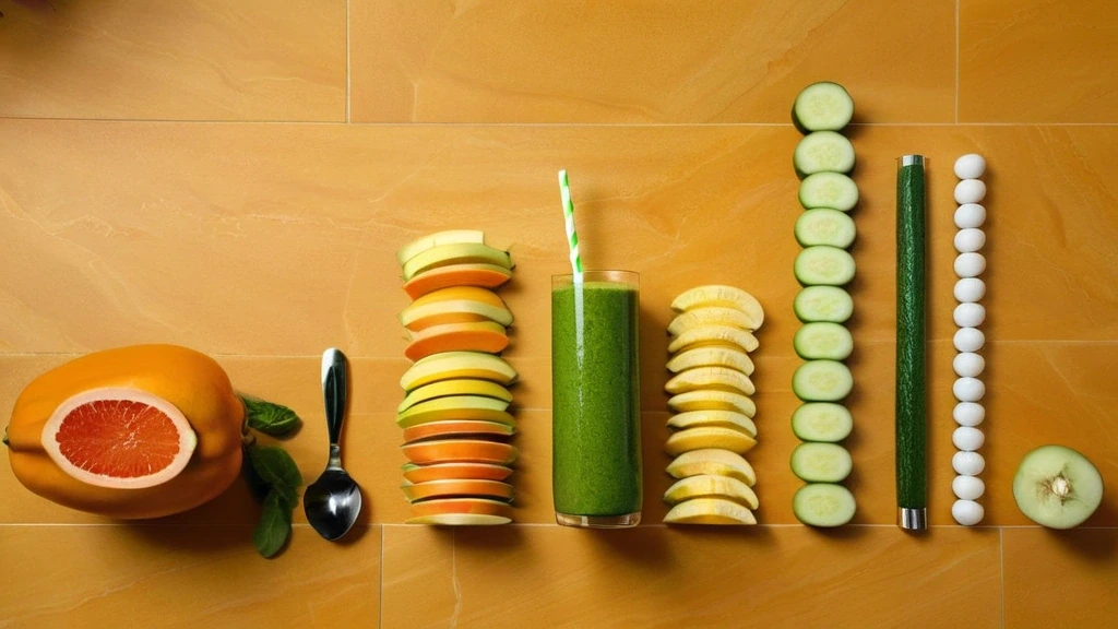 Fresh green vegetable smoothie packed with bioavailable vitamins on marble counter