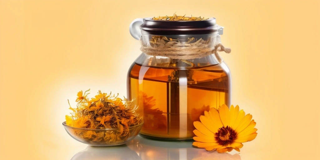 Steaming glass cup of calendula flower tea rich in antioxidants