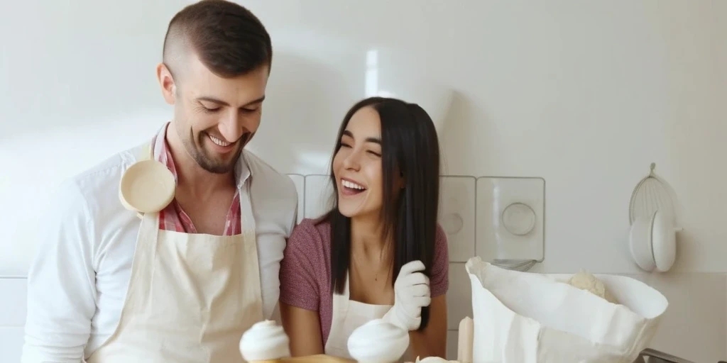 Father and son baking cookies together in a warm family kitchen