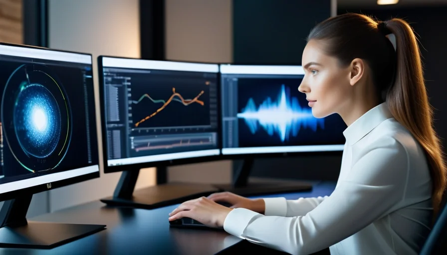 Professional data scientist analyzing AI visualizations on advanced computer screens