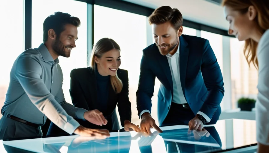 Diverse corporate team collaborating with digital tools in bright modern office
