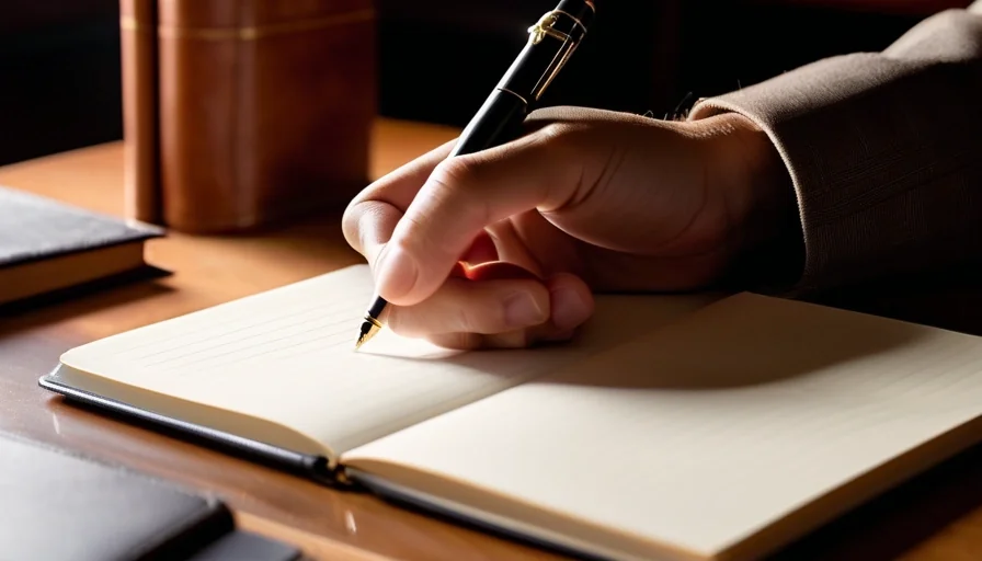 Person writing personal accomplishments in journal under warm desk lamp