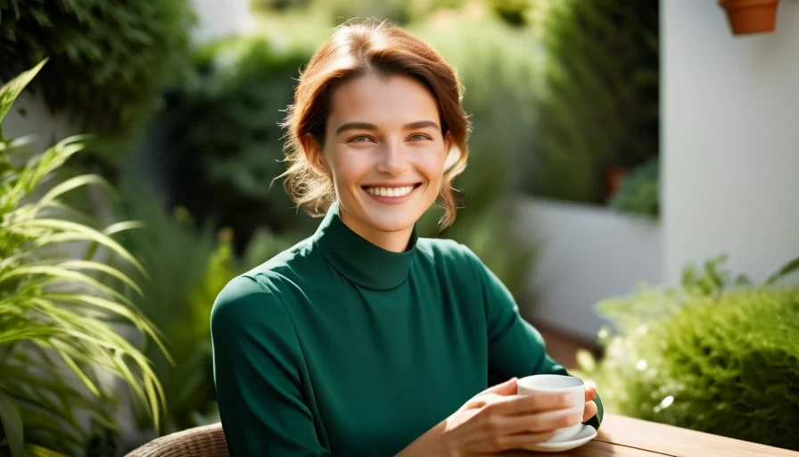 Smiling person enjoying warm tea and quiet moments of self-compassion