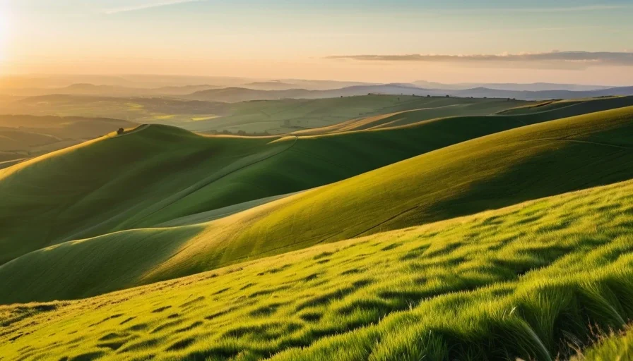 Individual standing atop green hill at sunrise feeling confident and free