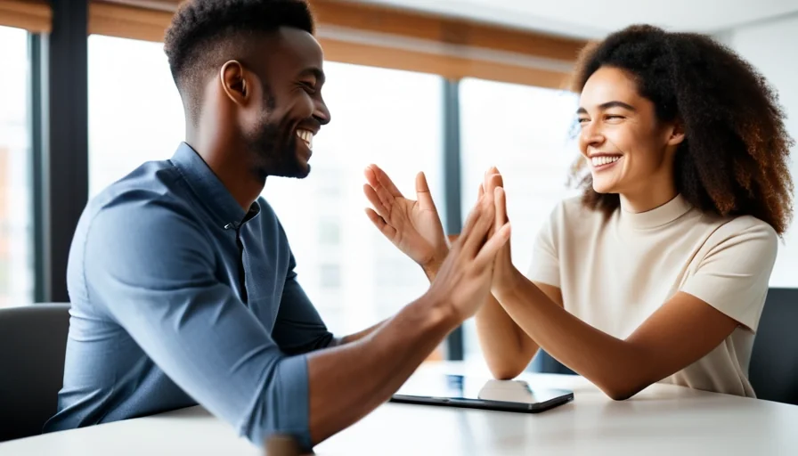 Supportive colleagues sharing encouraging smiles during collaborative talk