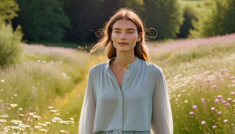Person walking peacefully through sunny wildflower meadow feeling at ease