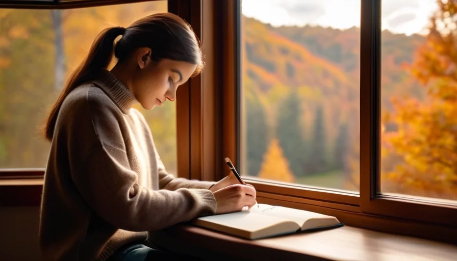 Person journaling by a window surrounded by warm autumn foliage