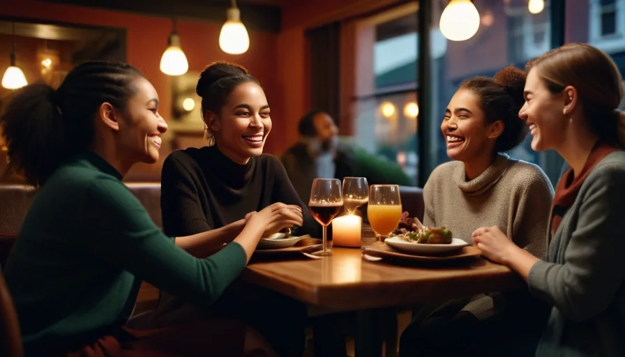 Cheerful group of supportive friends enjoying dinner together