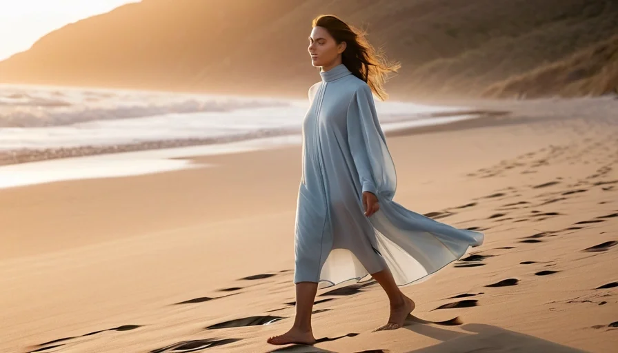 Person walking serenely along ocean coastline at sunrise with optimistic spirit