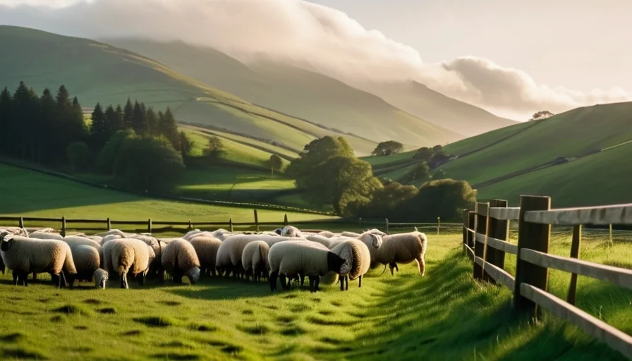 Pastoral scene of sheep grazing in serene countryside meadows