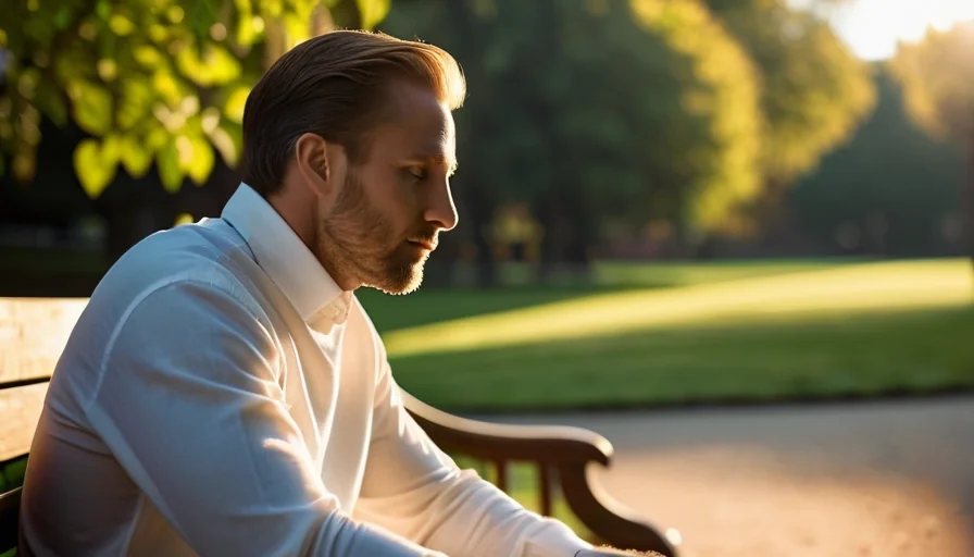 Man seated peacefully in sunlit park reflecting on spiritual fulfillment
