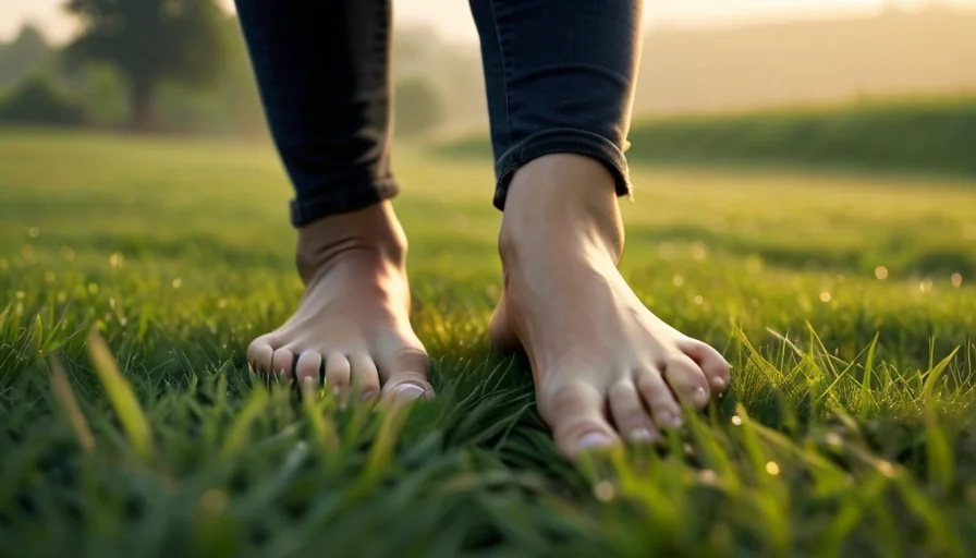 Bare feet stepping on dew-kissed green grass in mindful connection