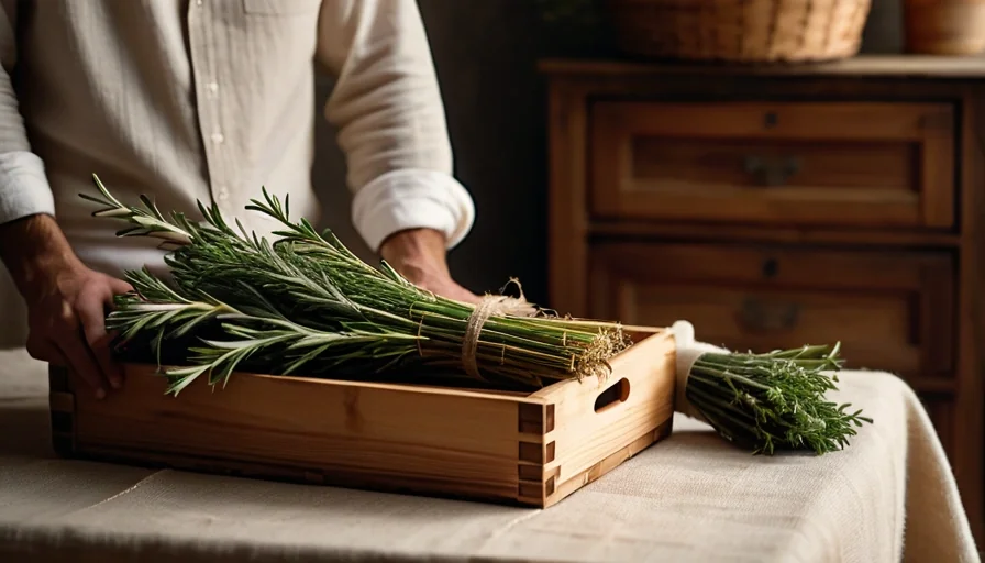 Fresh rosemary, lavender, and bergamot citrus in wooden crate