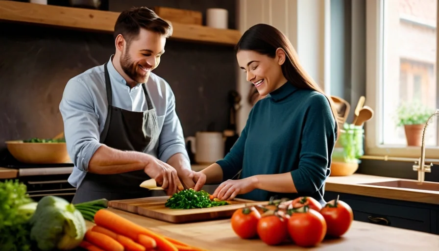 Couple cooking a healthy meal together happily in kitchen