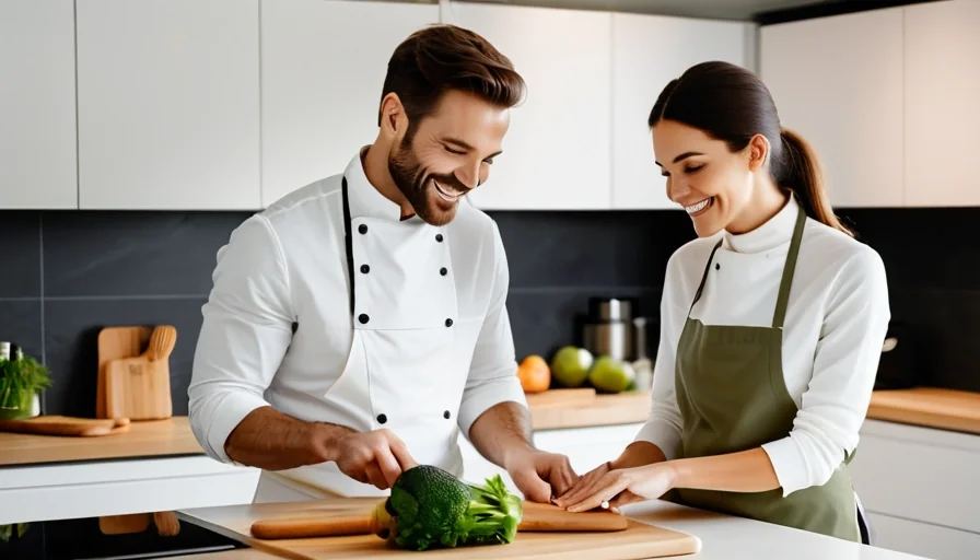 Partners cooking together in bright kitchen sharing warm teamwork